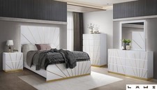 NEW 5PC Modern Italian LED Queen King Gloss White Gold Bedroom Set Bed/D/M/N/C