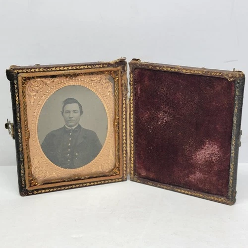 Civil War Era Tintype Young Man Soldier? Formal Wear in Ornate Case 6th Plate