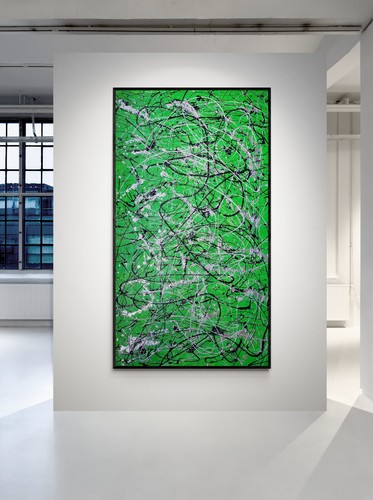 XXL Jackson Pollock Style Green Abstract Drip Painting - Handmade Art - 59x30 in - Picture 2 of 10