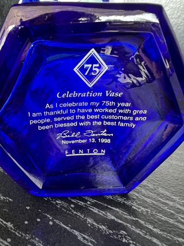 FENTON ART GLASS COLBALT BLUE 75TH ANNIVERSARY 1998 HAND PAINTED FLOWERS VASE - Picture 11 of 11