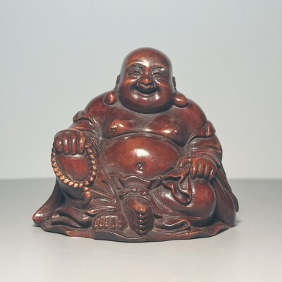 Vintage Chinese Boxwood Carving Laughing Buddha Statue Wooden
