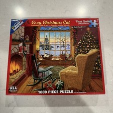White Mountain Puzzles By Ruth Sanderson Cozy Christmas Cat 1066 1000 Pieces