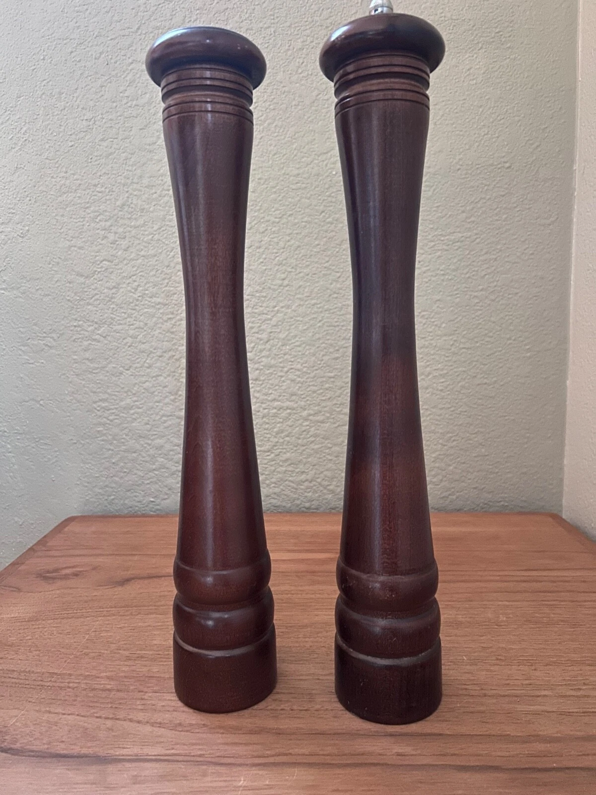 VERITY SOUTHALL SALT SHAKER AND PEPPER GRINDER - BROWN WOOD - 17" TALL