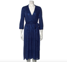 Alice + Olivia Blue-Metallic Shimmer V-Neck Belted Midi Dress