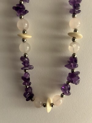 NWOT necklace Rose Quartz Round, Purple Amethyst Nugget  Stone, Bone beads 26 