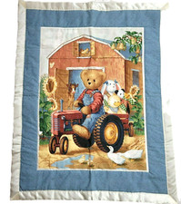Blue Jean Teddy Bear Baby Quilt Blanket Farm Tractor Red Barn Satin Trim 35x44
