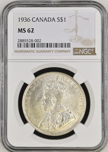 :1936 SILVER DOLLAR GEORGE-V S1$ CANADA KM# 31 NEAR CHOICE NGC MS62 BLAST WHITE