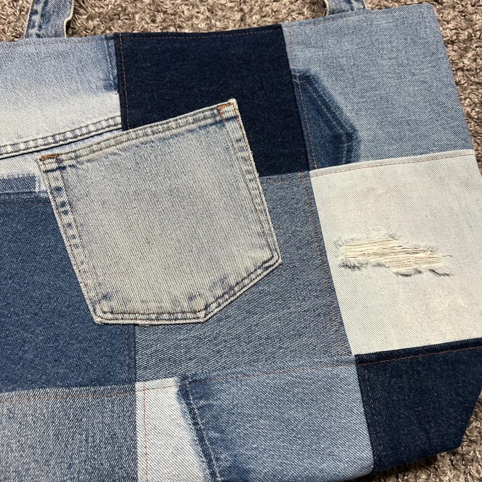 Bolso Hecho a Mano Denim Retazos Bolso de Mano Bolso de Hombro Azul Reciclado Jeans Foto 3 de 4
