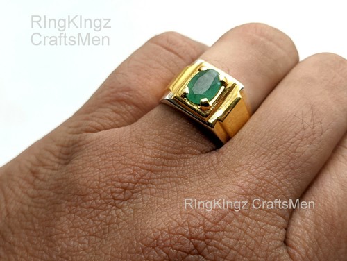 Natural Handmade Emerald Men Ring 925 Sterling Silver Real Gemstone Gold Plated - Picture 6 of 6