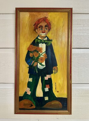 VTG Clown Painting Original Art Tramp Hobo Naive MCM Framed Signed Bette Dean