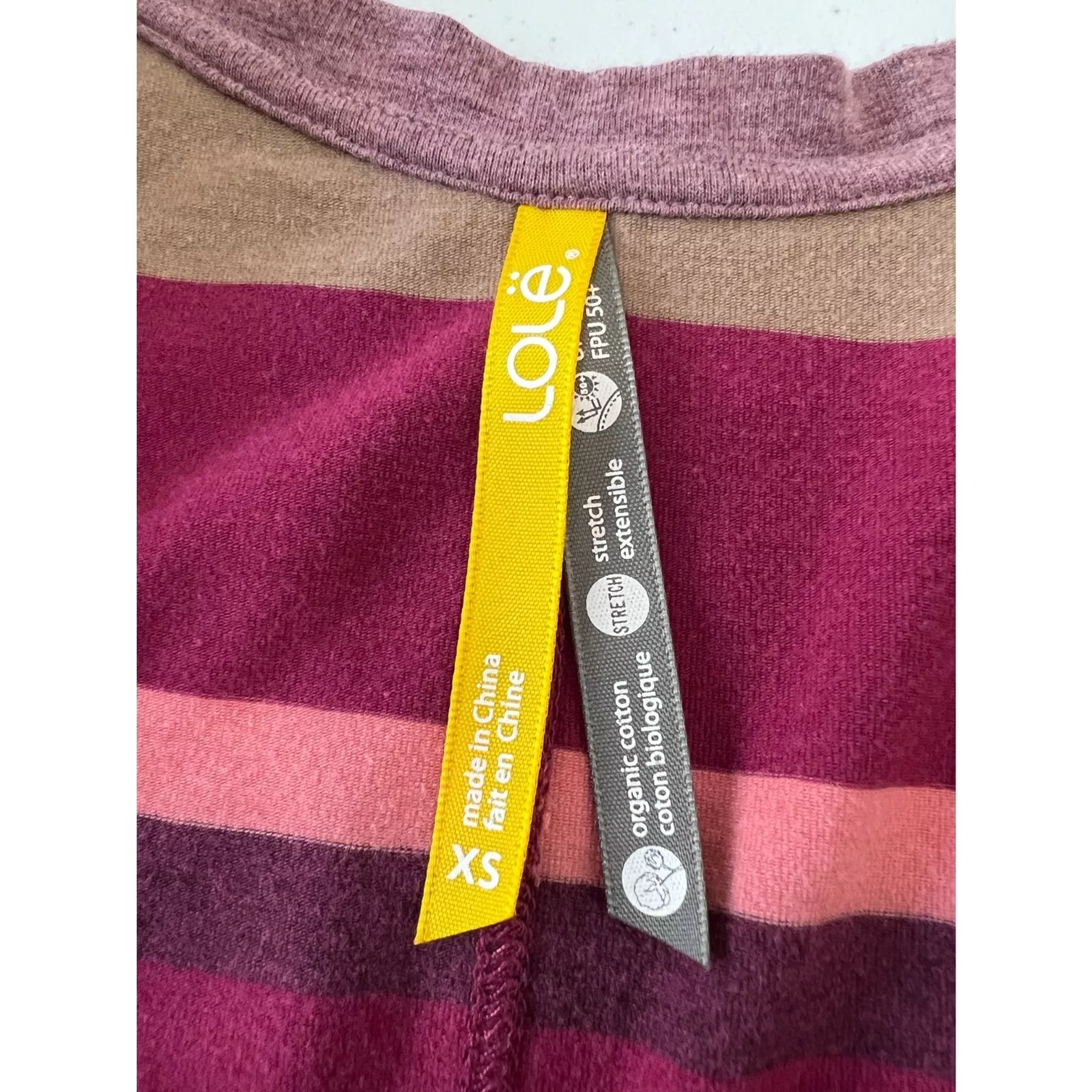 lole striped organic cotton v neck 3/4 sleeve shirt