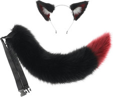 Black Red Faux Fur Cat Fox Wolf Ears Headband Furry Tail for Halloween Party ...