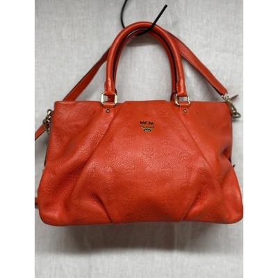 Authentic MCM Monogram Imprente Two-Way Leather Satchel Bag   Orange