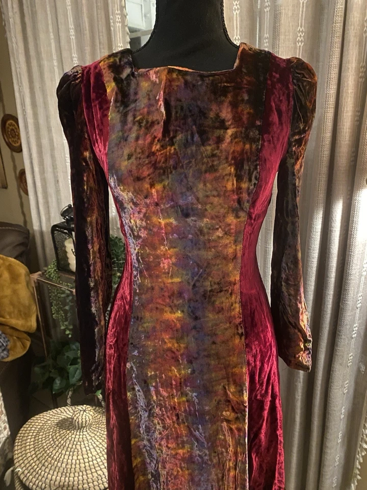 Maxi Vestido Vintage Años 70 Borgoña Terciopelo Tie Dye Pradera Foto 3 de 4