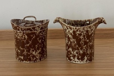 Rare Bennington Potters Glossy Brown Agate Sugar Bowl + Lid 1634 + Creamer 1635