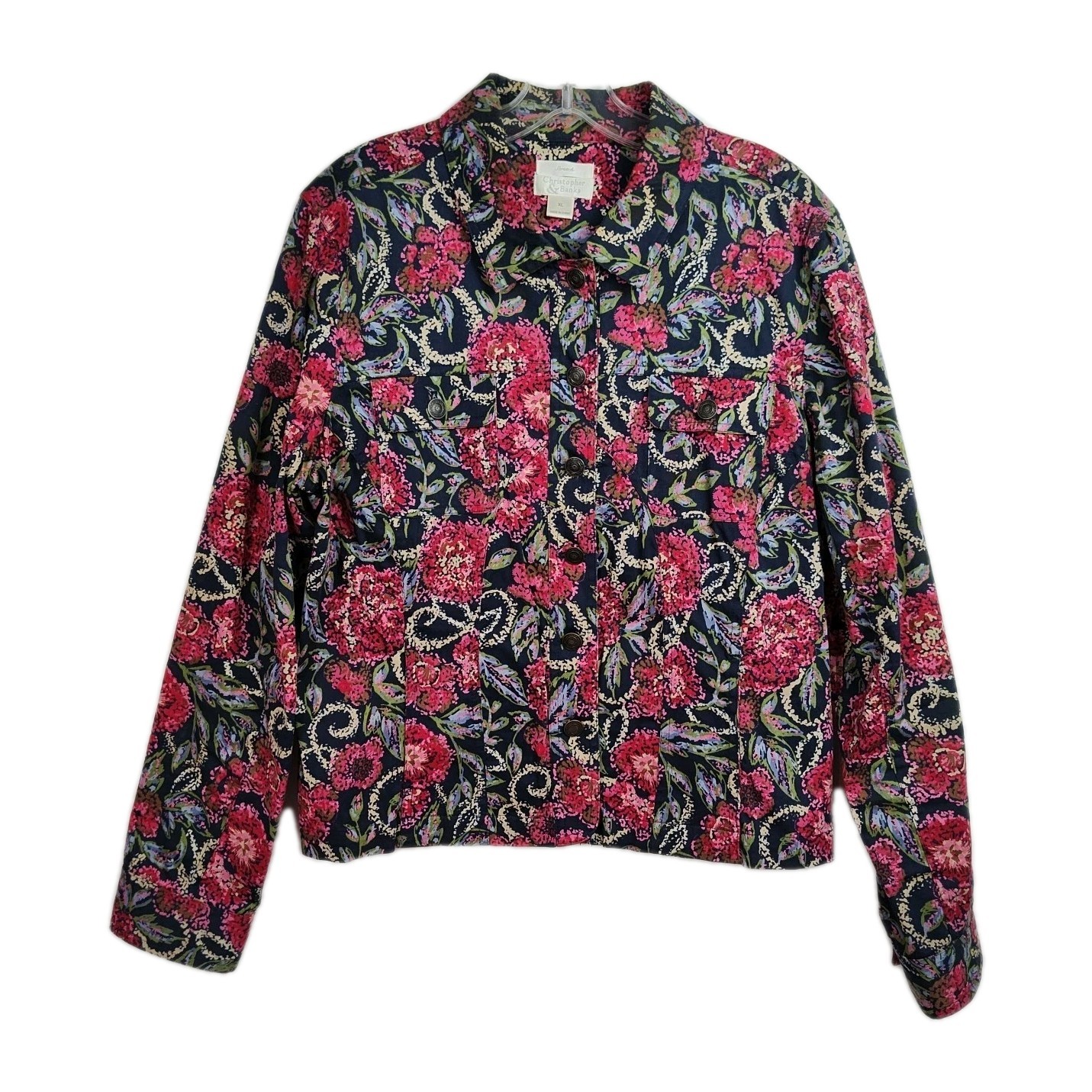 Christopher & Banks Jacket Women's XL Navy/Pink Floral Pattern Button-Up Collar