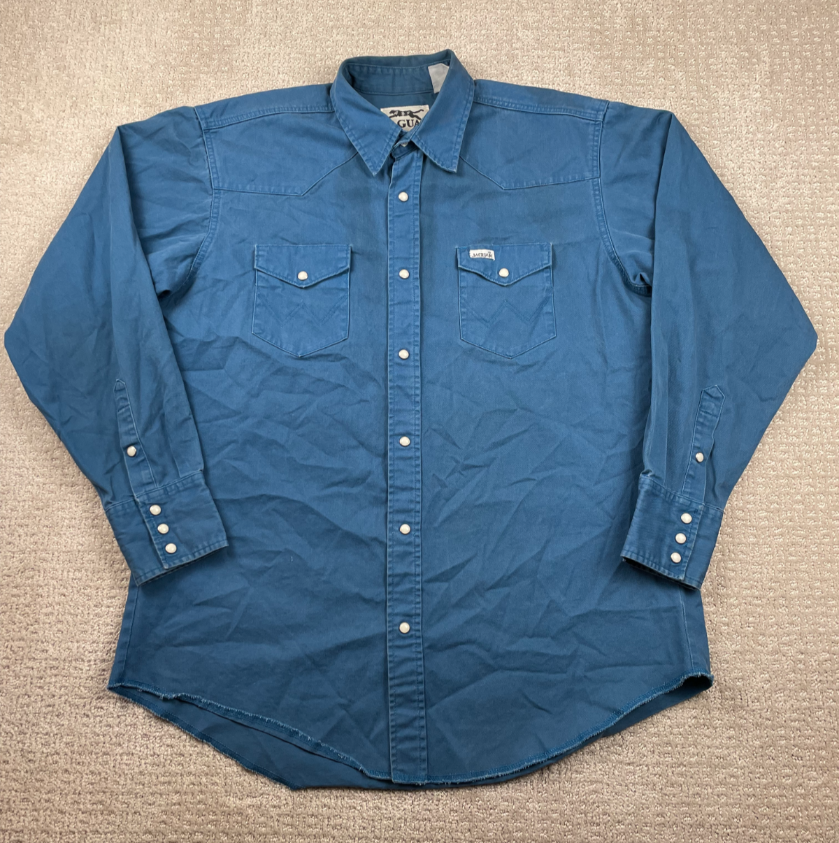 Vintage Jaguar Western Shirt Mens XL Blue Canvas Pearl Snap Long Sleeve Cowboy