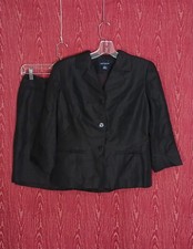ANN TAYLOR 2 Piece Black Collared 3/4 Sleeve Button Skirt Linen Suit Womens Sz 4