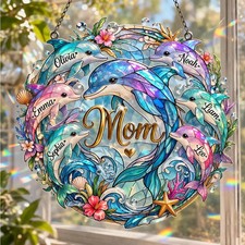 Personalized Dolphin Mom Acrylic Suncatcher, Custom Name Ocean Window Decor
