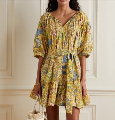 Suzie Kondi Mini Dress Size S Ruffle Belted Batik Floral Kitrino Short Slv NWT