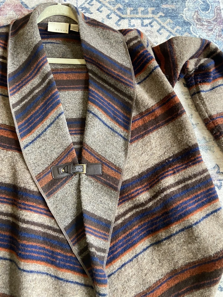 Kenar Wool Blend Equestrian Striped Wrap Cardigan Jacket Leather Buckle Large - Image 4 of 4