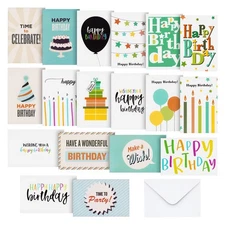 144 Pack Birthday Cards Assortment Bulk Set with Envelopes, 18 Designs, 4x6"