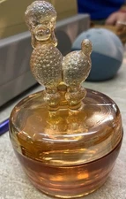 Vintage Jeanette Amber Marigold Carnival Glass Poodle Covered Dish Powder Dish