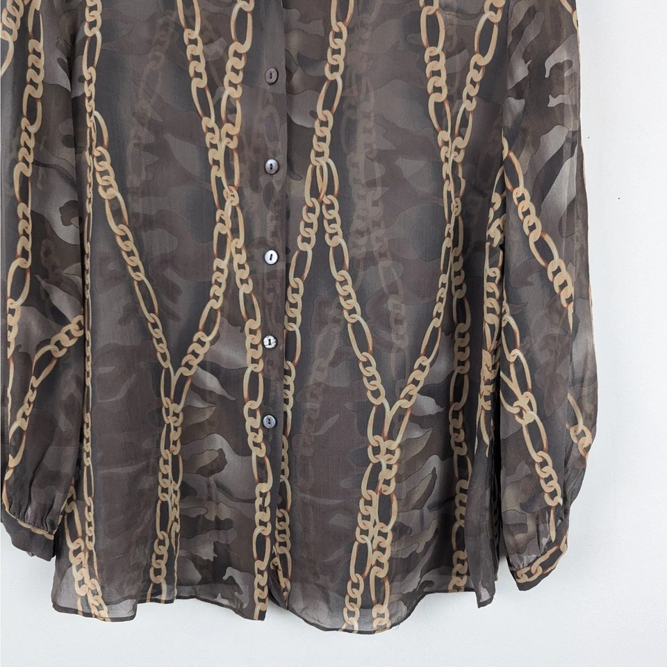 复古 Spiegel 棕色链条印花丝绸透明网眼领纽扣衬衫 — 第 3/4 张图片