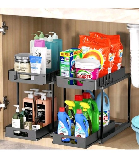 Under Sink Organizers and Storage, 2 Pack Large Capacity Double Drawer Black