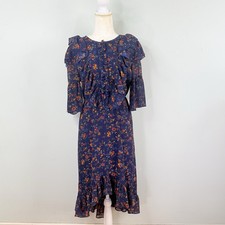 Madewell Navy Floral Ruffle Midi Dress Size 8 High Low Sheer Boho Romantic