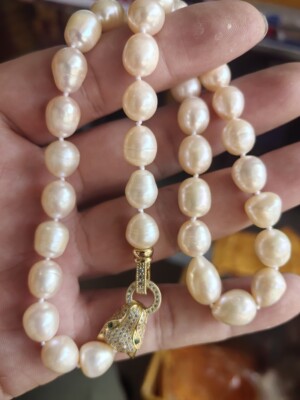 Authentic Large 12-9mm Natural pink BAROQUE Pearl Necklace 18 inches 925