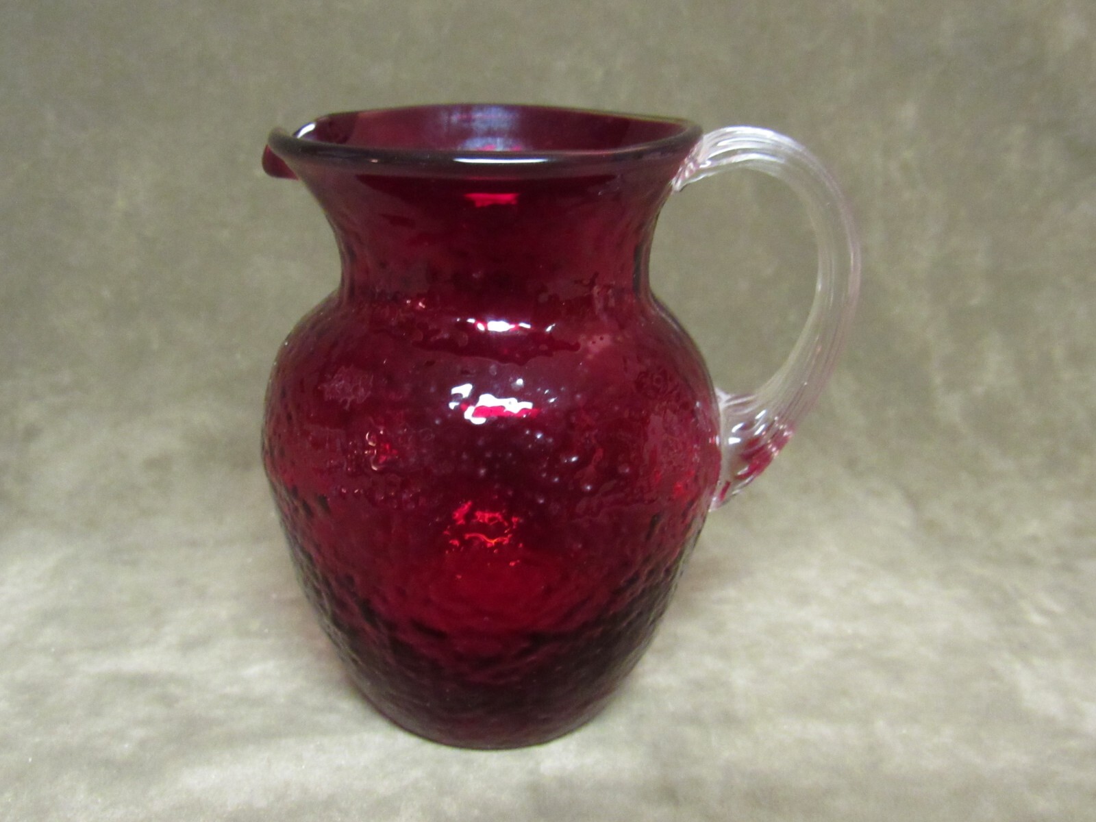 1960s Mid Century Modern Red Crinkle Art Glass Handled Creamer Pitcher Ewer Vase