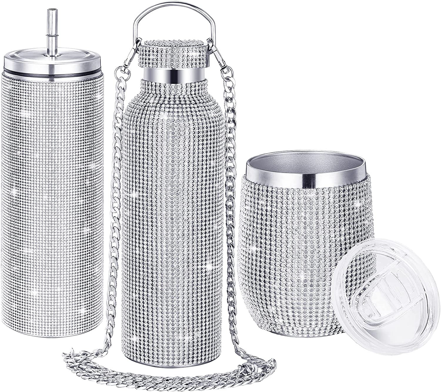 3 Pcs Diamond Water Bottle Rhinestone Water Bottle Glitter Tumbler Thermal with