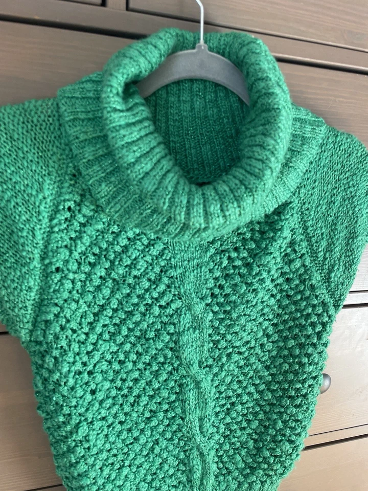 Vntg Y2K Bebe Chunky Cable Knit Cowl Neck Sweater Cap Sleeve Green Metallic Med - Image 3 of 4
