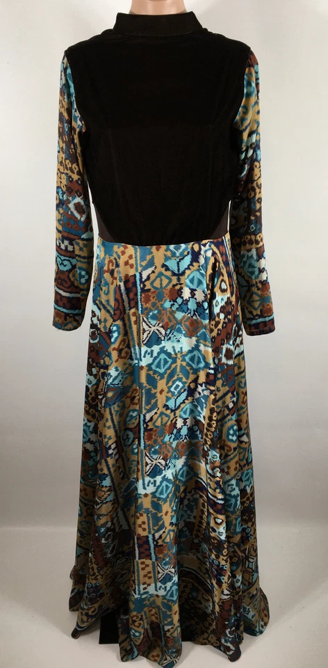 Vintage 70s Blue & Brown Ikat Maxi Mesh Cut-out Full Skirt Dress 1970s M/L - Image 3 of 4