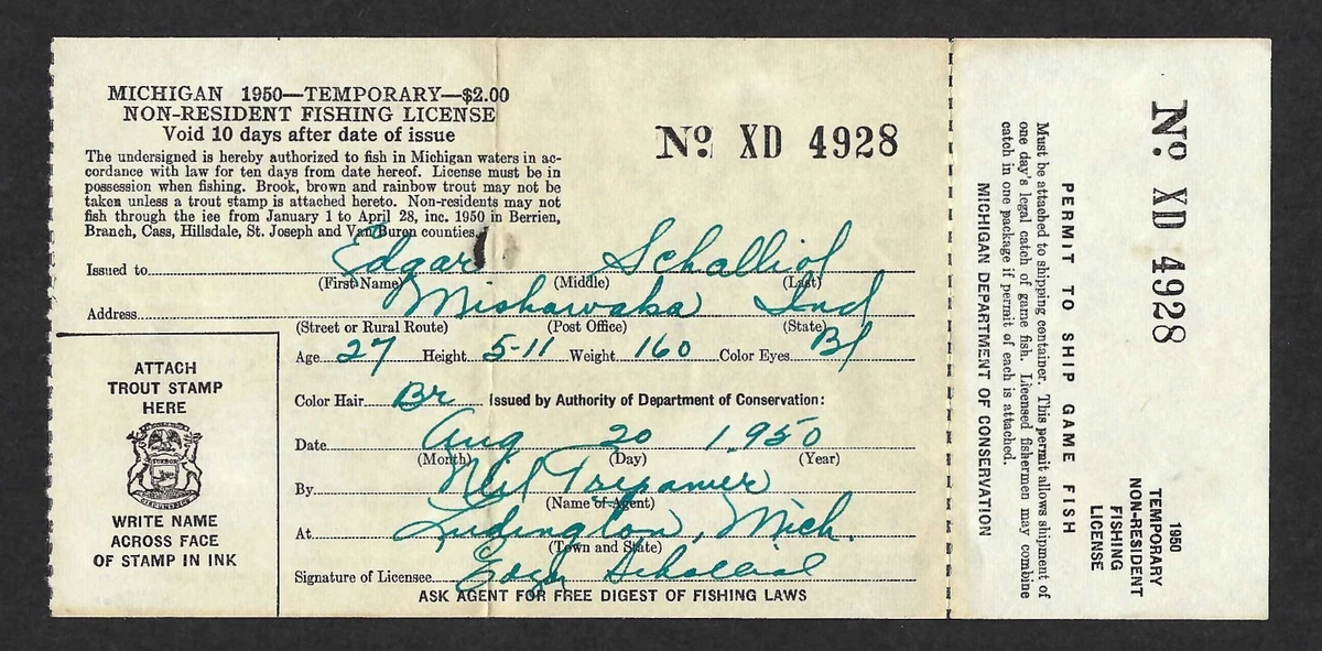 Permis De Pêche Michigan 1952 – Non-résident, Papier D’époque, état Correct