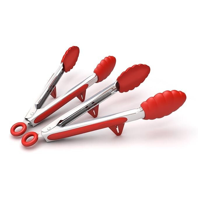 Stainless Steel  Kitchen Tongs with Red Silicon Tips Premium Quality - Set of 2