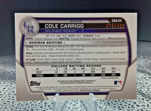 2023 Bowman Chrome Cole Carrigg #CDA-CC Refractor Auto /499 - Rockies - Picture 2 of 3
