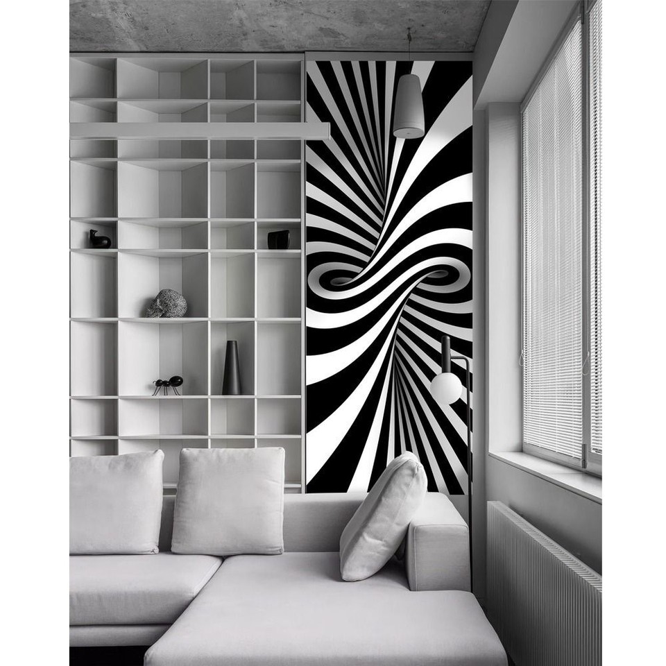 Waterproof Black and White Twisted Stripes Wooden Door Wallpaper