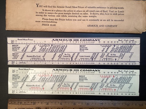 ARMOUR AND COMPANY RETAIL MEAT PRICER CELLULOID SLIDE RULE 1933 W/INSTRUCTIONS - Picture 3 of 16