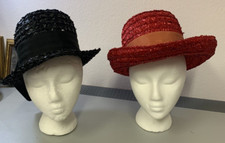 VINTAGE RED BLACK Bucket Woven Straw Hat Matching Wide Ribbon