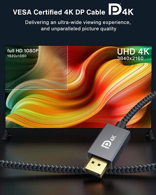 Vesa Certified Displayport Cable 6.6ft Dp Cable 1.24k60hz 2k165hz 2k144hz Gold
