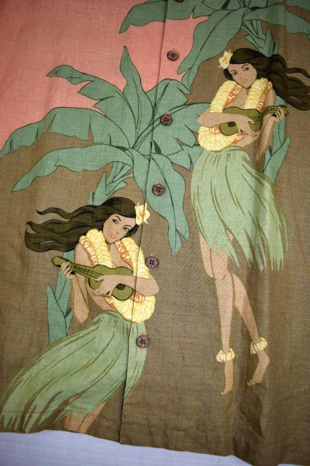 Camisa Vintage Tommy Bahama Tamanho L Anos 90 Ilha Imagem Ukulele Dueto Camisa de Linho - Imagem 2 de 4