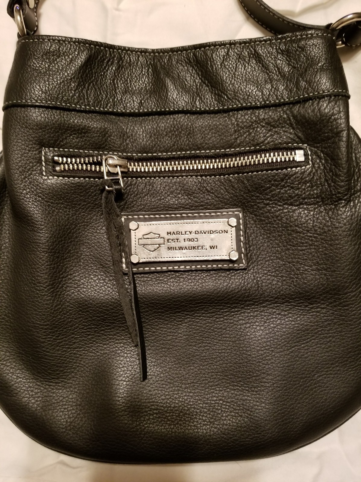 HARLEY DAVIDSON LEATHER PURSE HANDBAG BLACK LOGO BAG ZIPPER SNAP BIKER