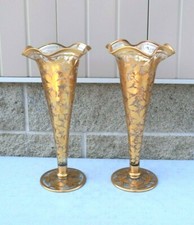 + Nice Older Pair of Antique Ornate Glass Vases + 16 1/2" ht. + (CU#543)