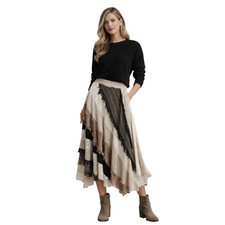 VTG 1980s Artwear Patchwork Skirt Fringe Lagenlook Silk Linen Flowing L