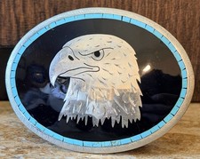 Vintage Johnson Held Turquoise Inlay Eagle Head Hand-Made Belt Buckle 4 X 2.75