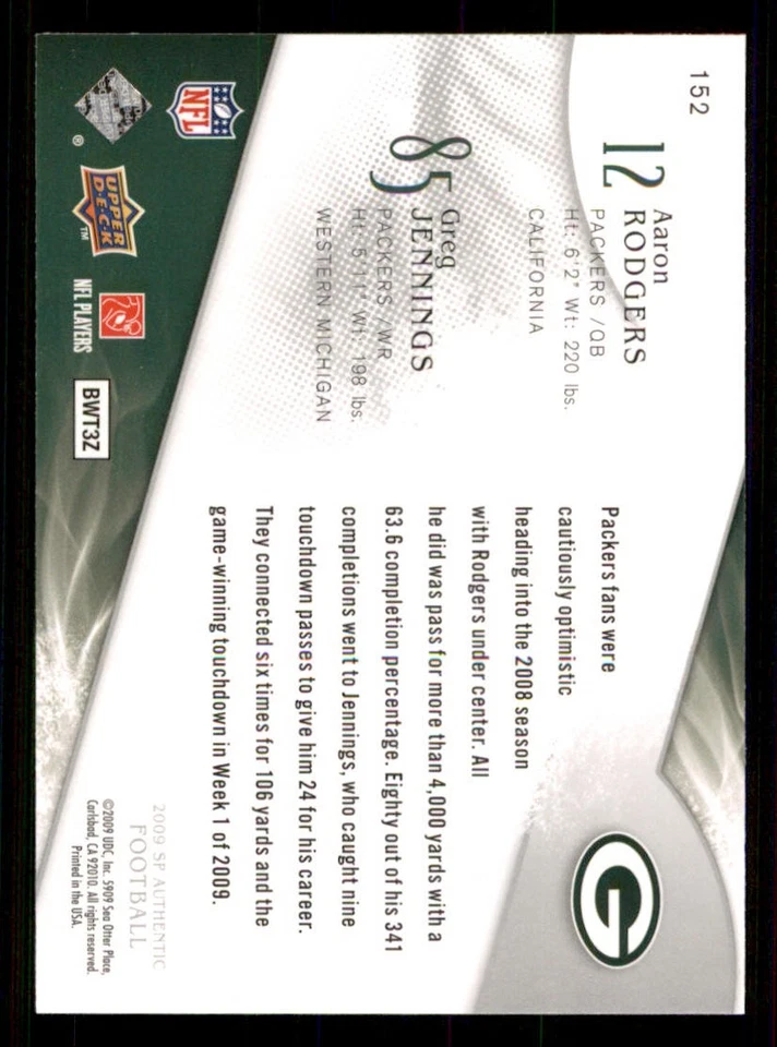 2009 SP Authentic #152 Aaron Rodgers/Greg Jennings - Image 2 of 2
