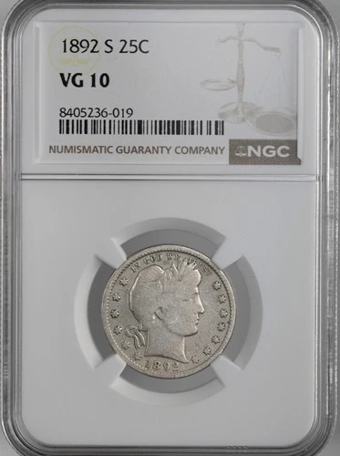 1892-S  25C  BARBER SILVER QUARTER  SAN FRANCISCO  NGC VG10 #8405236-019