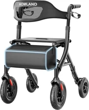 Light Foldable Rollator Walker with Seat Backrest and All-Terrain Wheels 300 lbs